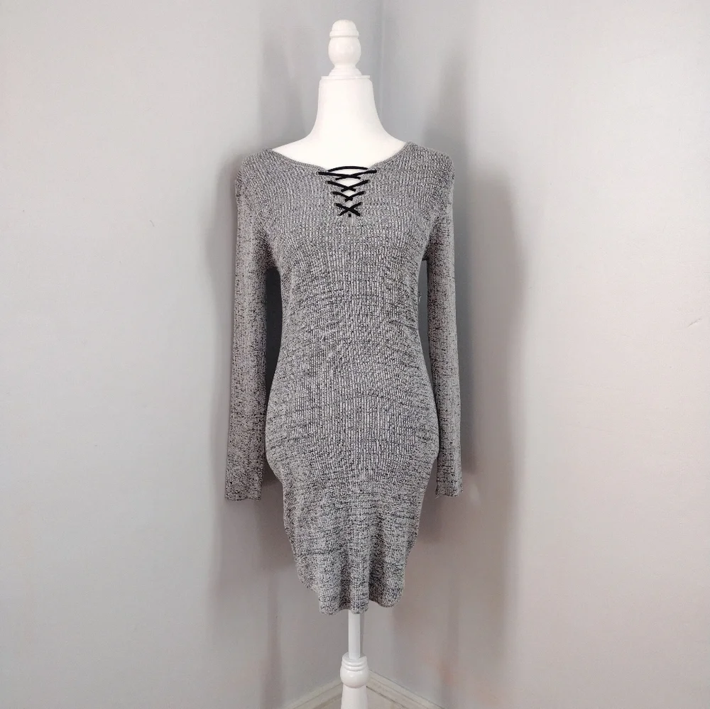 Black and Gray Bodycon Sweater Dress - Picture 2 of 5